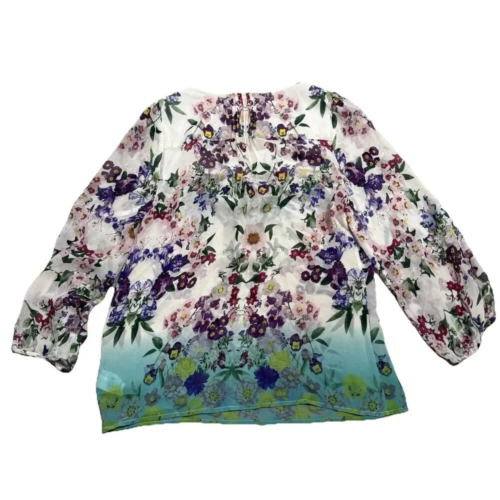 Vanessa Virginia Anthropologie Top Sz M Medium 8 Green Silk Blouse Floral Ombre